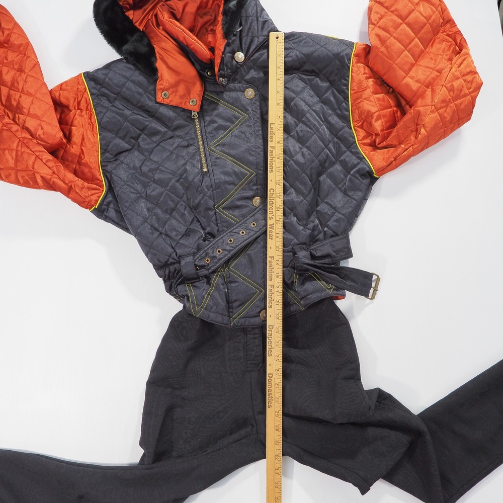 Vintage Obermeyer One Piece Ski Suit Women 12 Black Orange Quilted Hood Stirrup - Picture 6 of 9